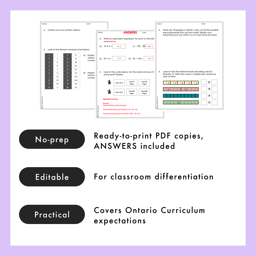 Grade 3 Ontario Math Worksheets | Patterns & Equations | PDF and Googl ...