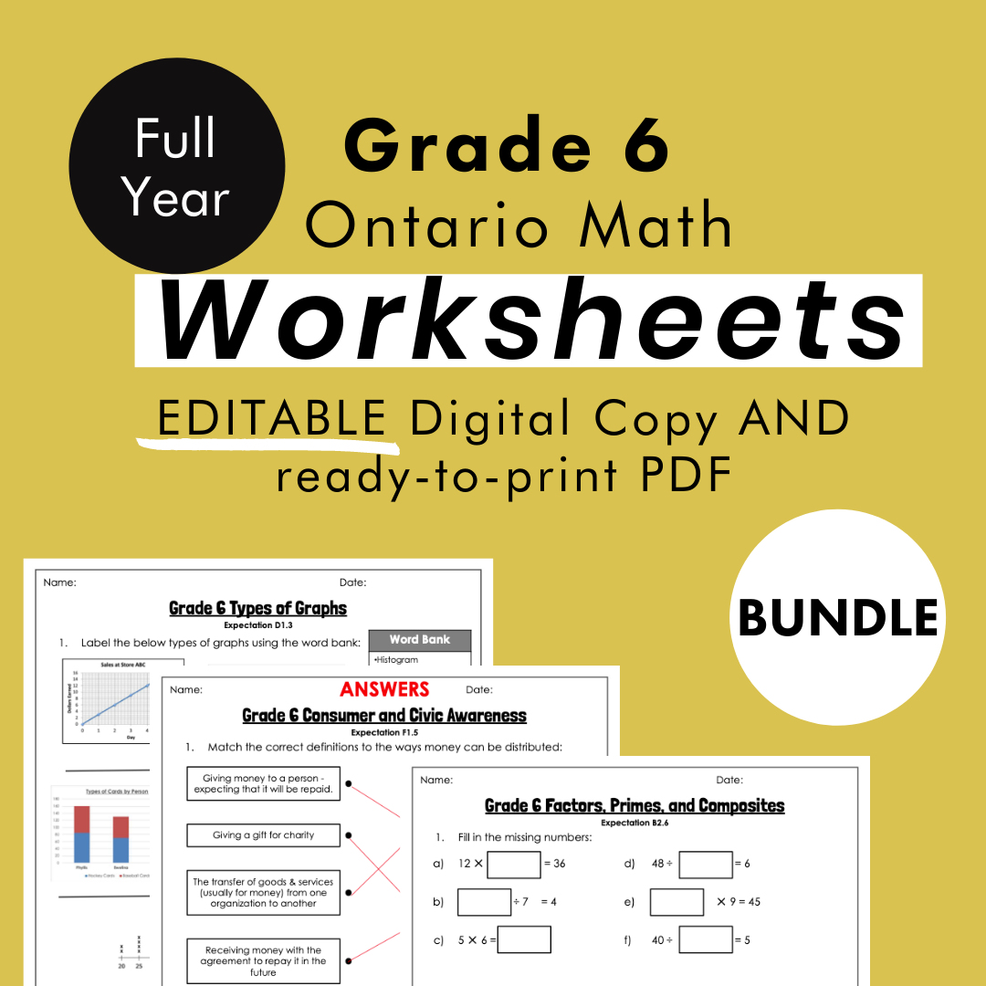 Grade 6 Ontario Math Curriculum FULL YEAR Worksheet Bundle (all expect