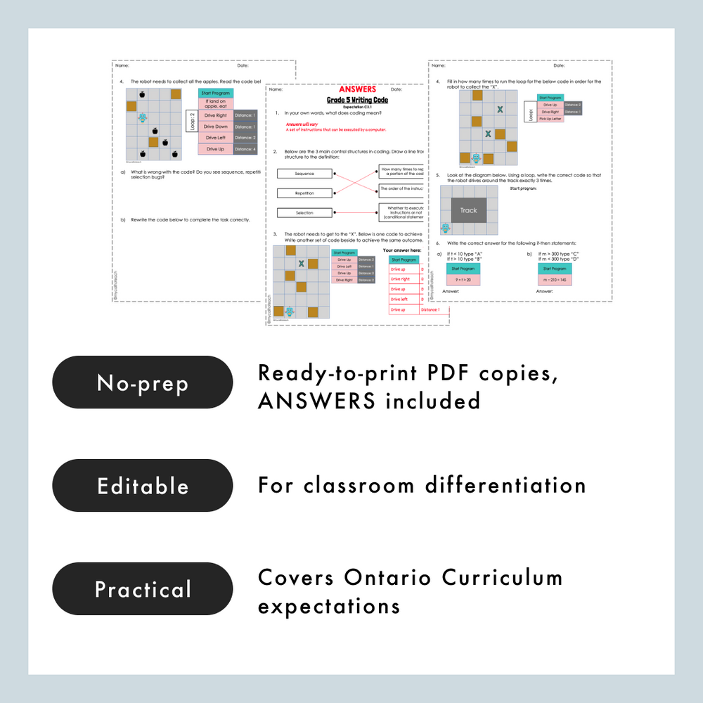 FREE Grade 5 Ontario Math  Coding PDF & Editable Worksheets