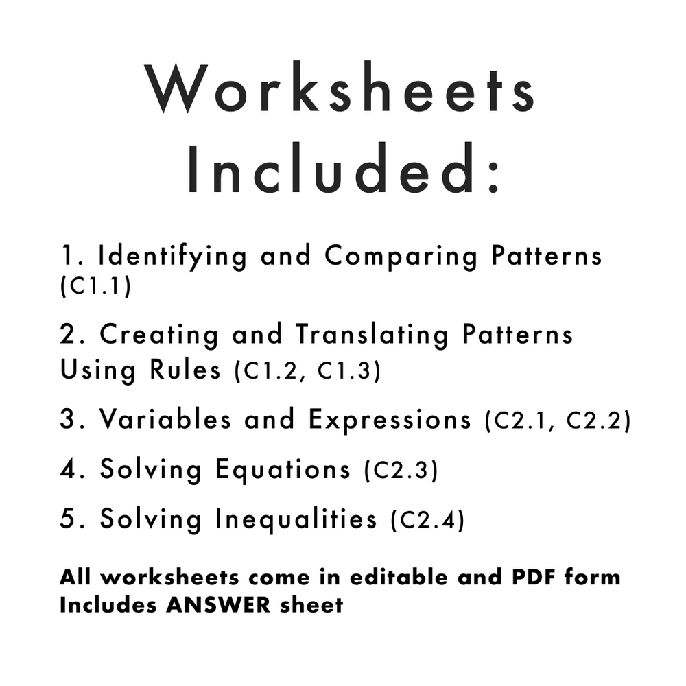 Grade 7 Ontario Math Patterns and Equations PDF & Editable Worksheets