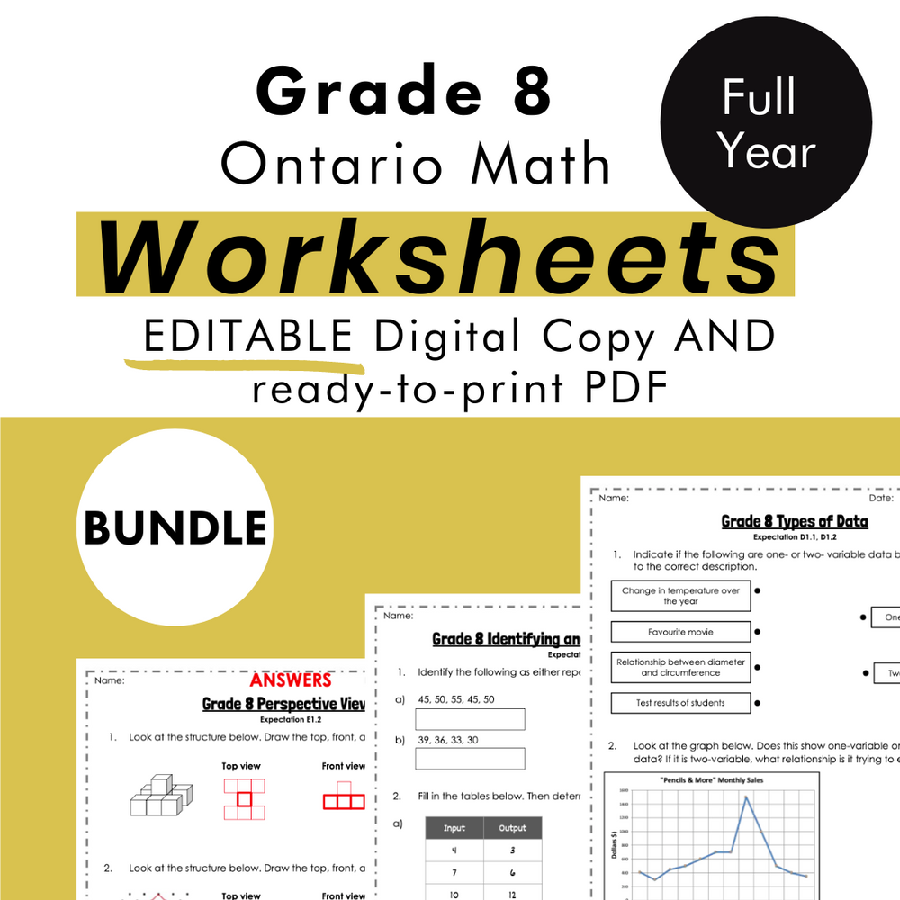 
            
                Load image into Gallery viewer, Grade 8 Ontario Math Curriculum FULL YEAR Worksheet Bundle (all expectations)
            
        