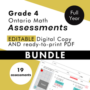 Grade 4 Ontario Math Curriculum Full Year Assessment Bundle (tests, quizzes)