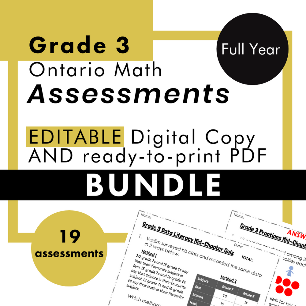 Grade 3 Ontario Math Curriculum Full Year Assessment Bundle (tests, quizzes)