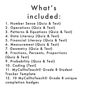 Grade 8 Ontario Math Curriculum Full Year Assessment Bundle (tests, quizzes)