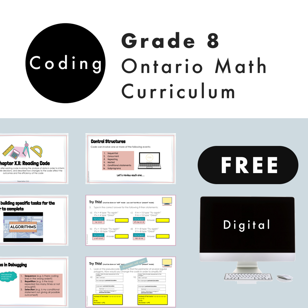 
            
                Load image into Gallery viewer, Grade 8 Ontario Math - FREE Coding Curriculum - Google Slides + Google Form
            
        