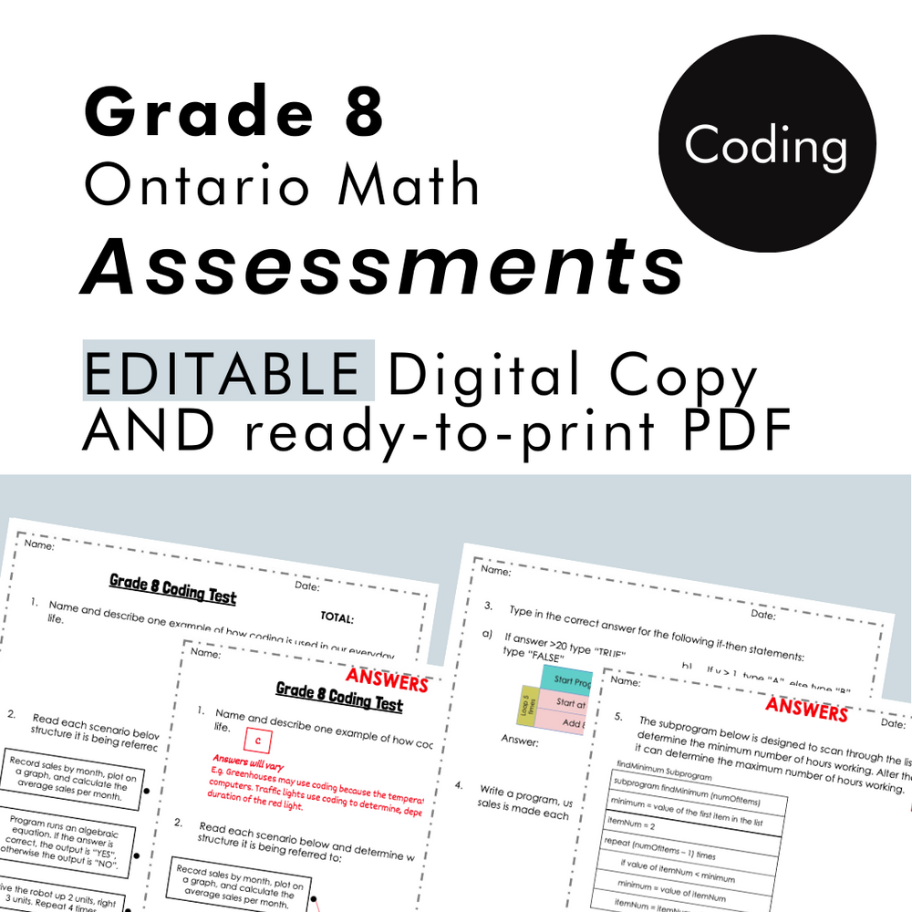 
            
                Load image into Gallery viewer, Grade 8 Ontario Math - Coding Assessments - PDF + Google Slides
            
        
