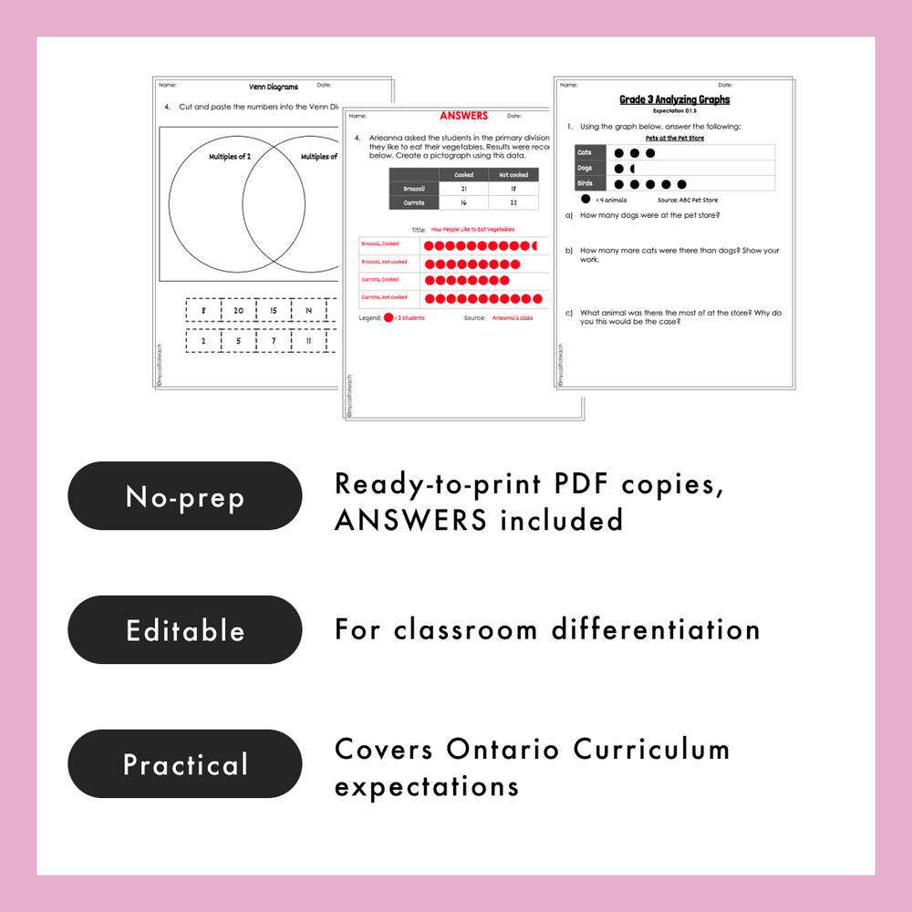 Grade 3 Ontario Math - Data Literacy Worksheets PDF+Editable Google Slides