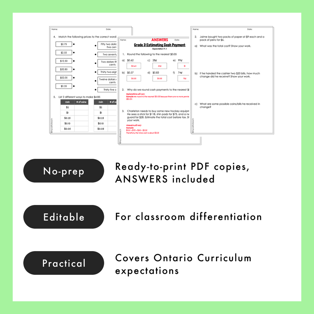 
            
                Load image into Gallery viewer, Grade 3 Ontario Math - Financial Literacy Worksheets PDF+Editable Google Slides
            
        