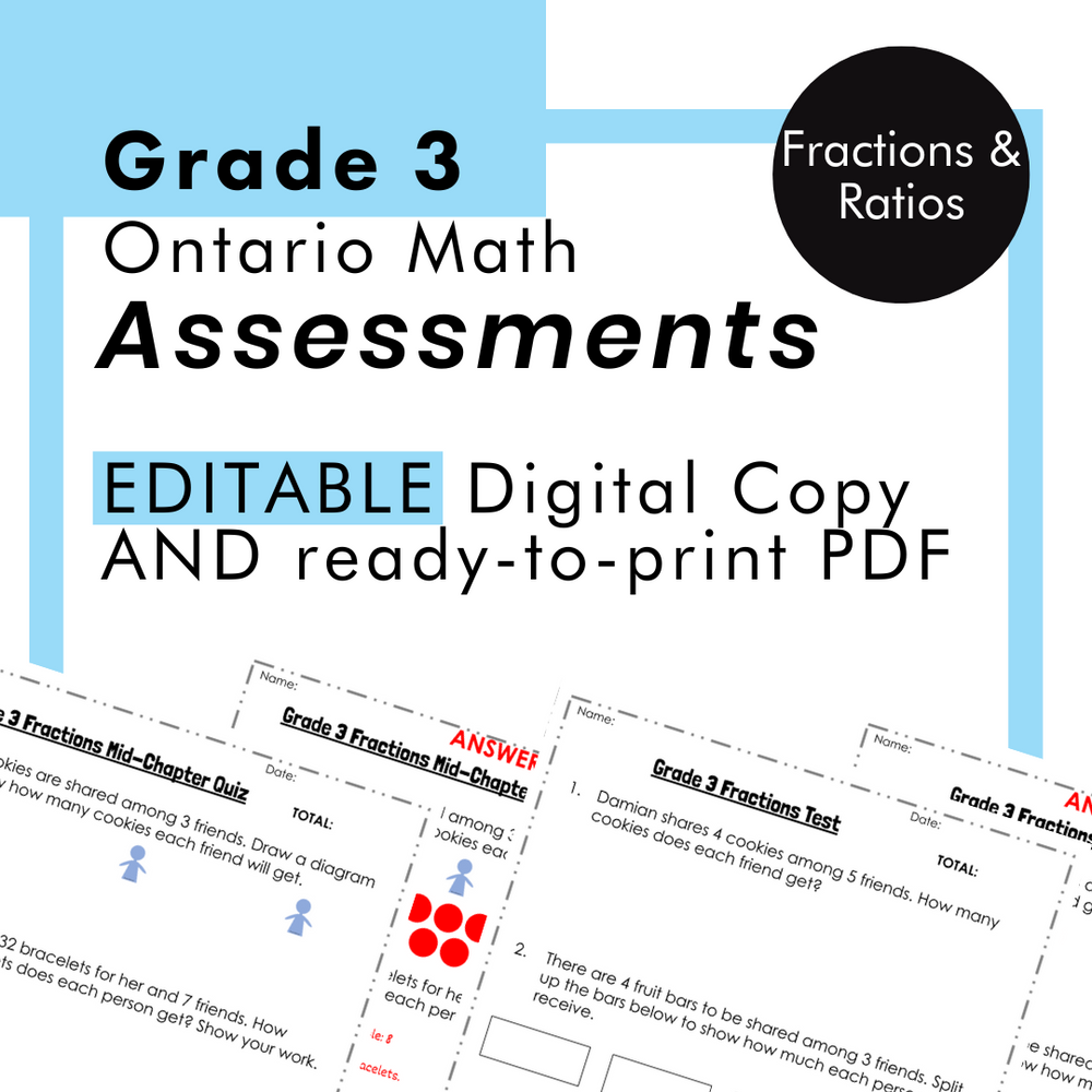 Grade 3 Ontario Math - Fractions and Ratios Assessments - PDF + Google Slides