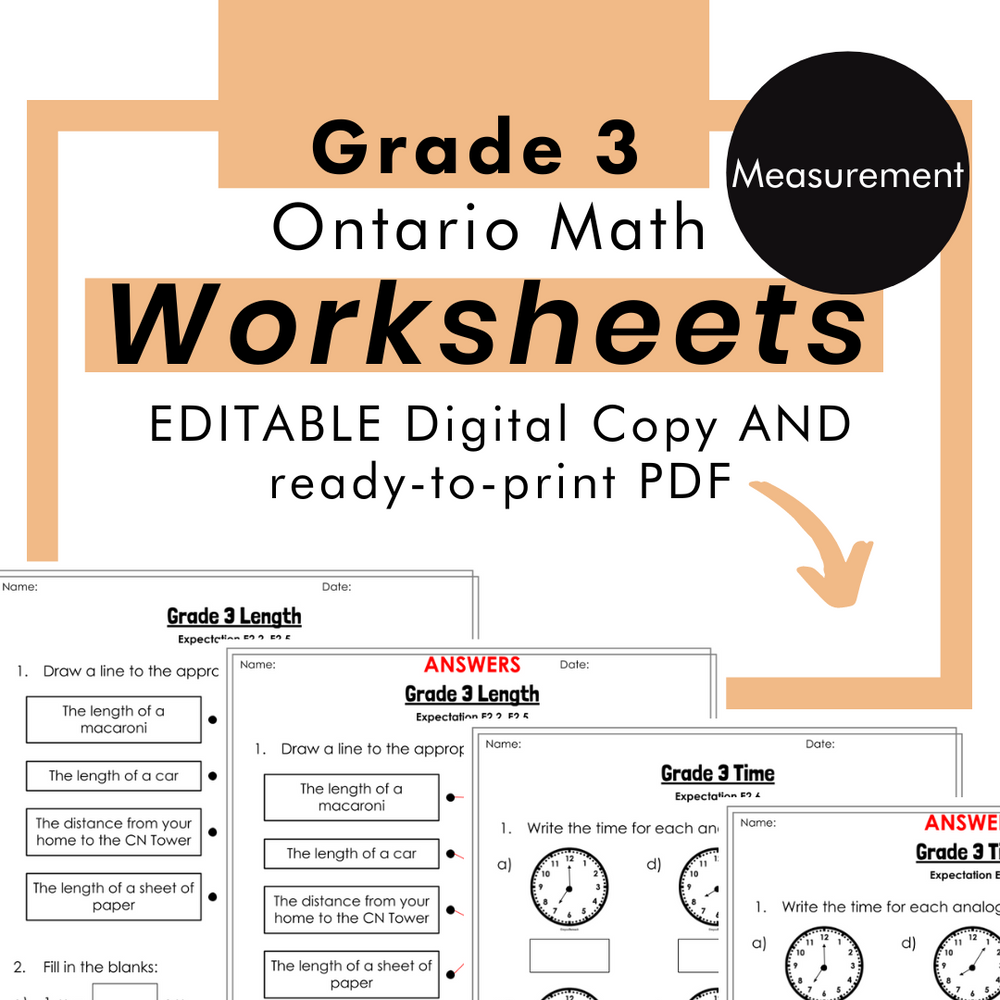 Grade 3 Ontario Math - Measurement Worksheets PDF+Editable Google Slides
