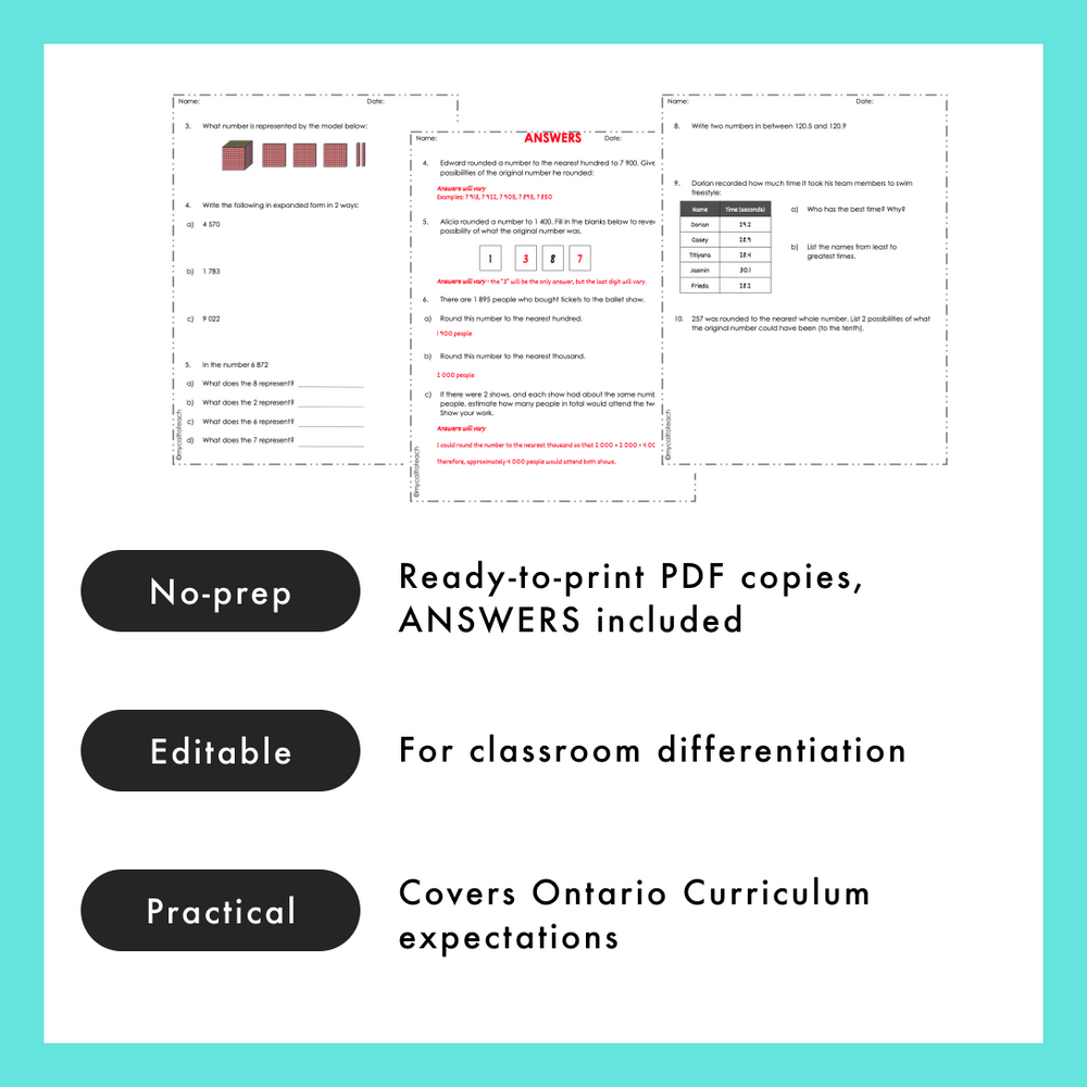 Grade 4 Ontario Math - Number Sense Worksheets PDF & Google Slides