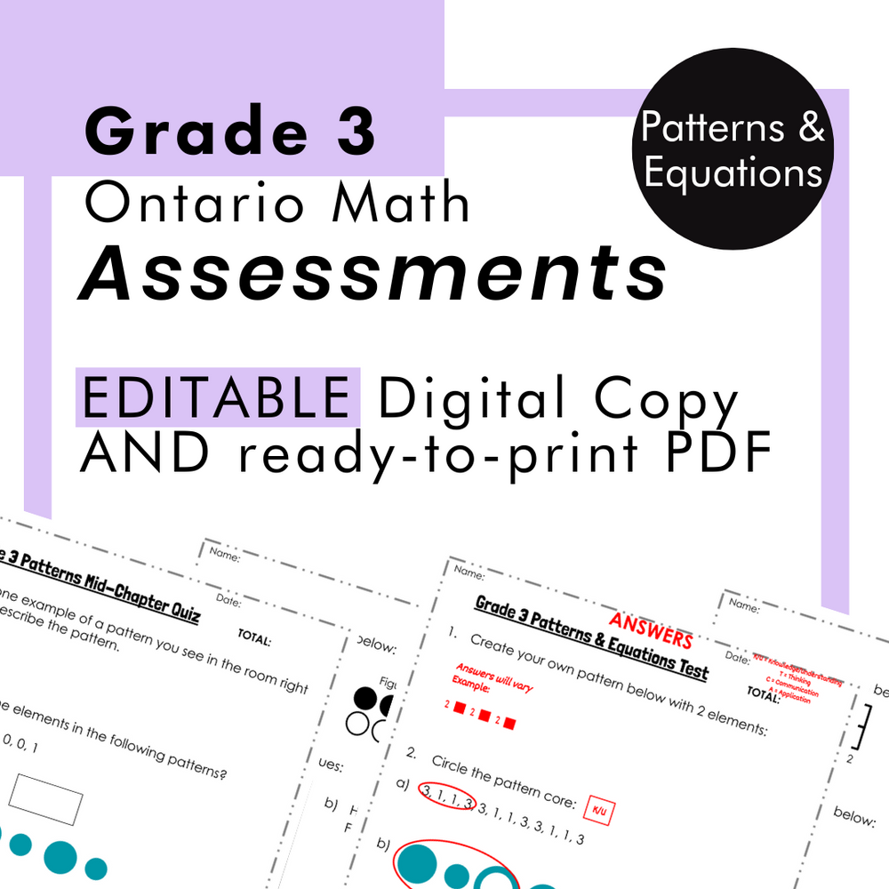 Grade 3 Ontario Math - Patterns & Equations Assessments - PDF + Google Slides