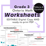 Grade 3 Ontario Math - Patterns & Equations Worksheets PDF+Editable Google Slides
