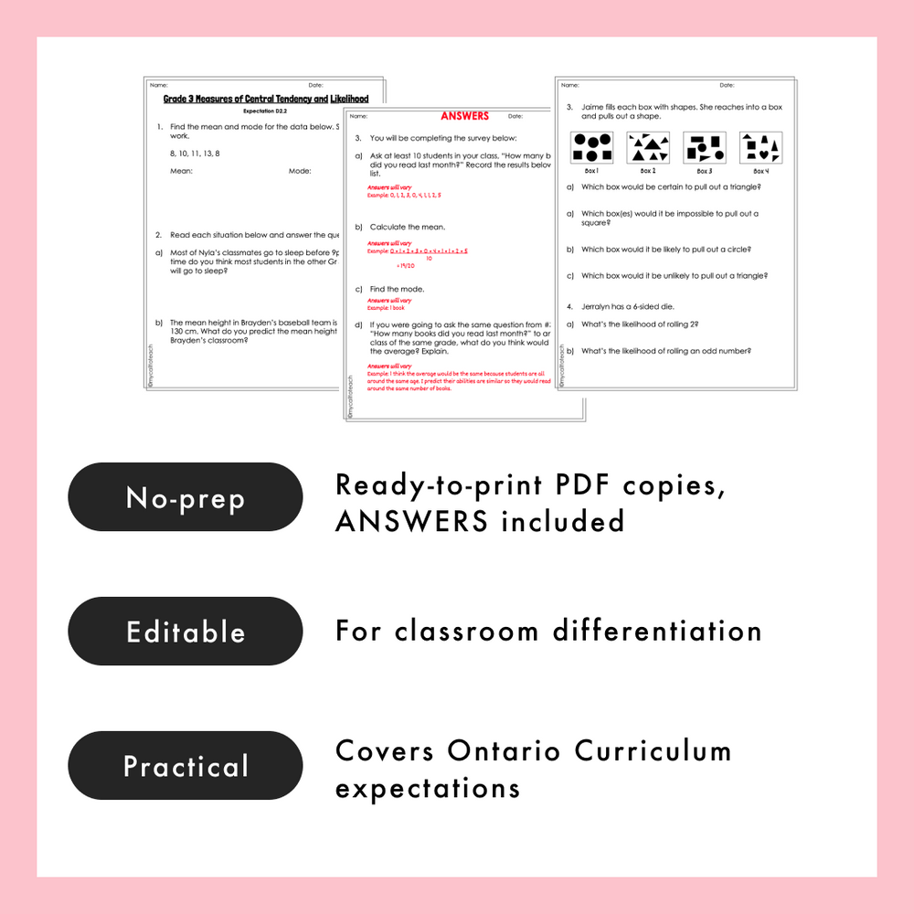 Grade 3 Ontario Math - Probability Worksheets PDF + Editable Google Slides