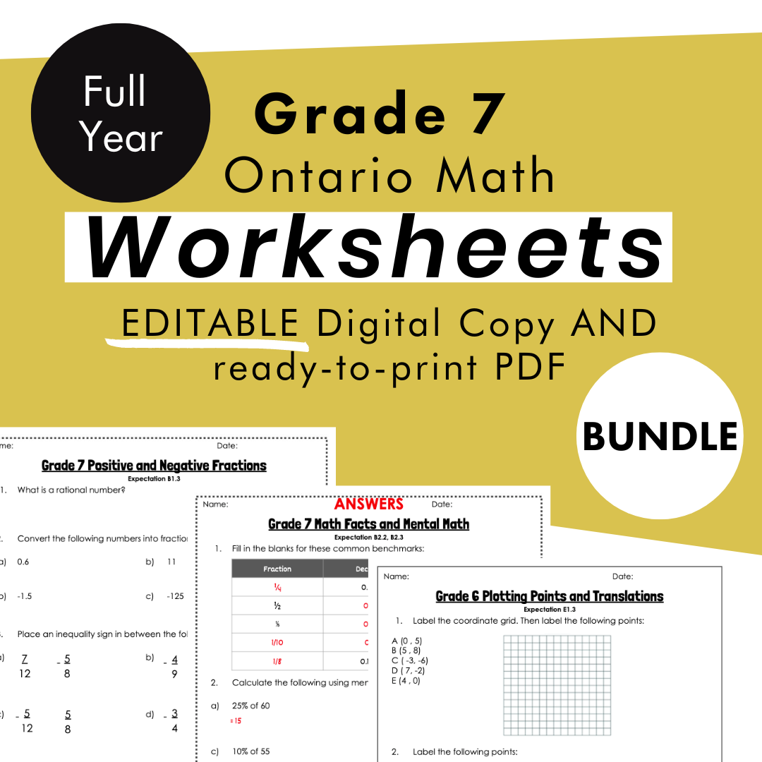 Canadian Math 7 Grade 7 Ontario Math Curriculum | FULL-YEAR Worksheet Bundle | All Exp ...