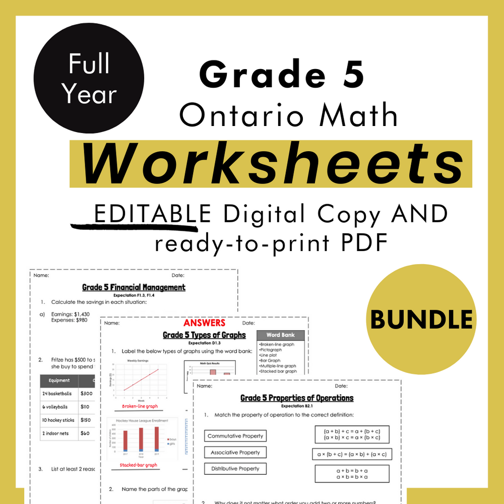 Grade 5 Ontario Math Curriculum FULL YEAR Worksheet Bundle (all expectations)