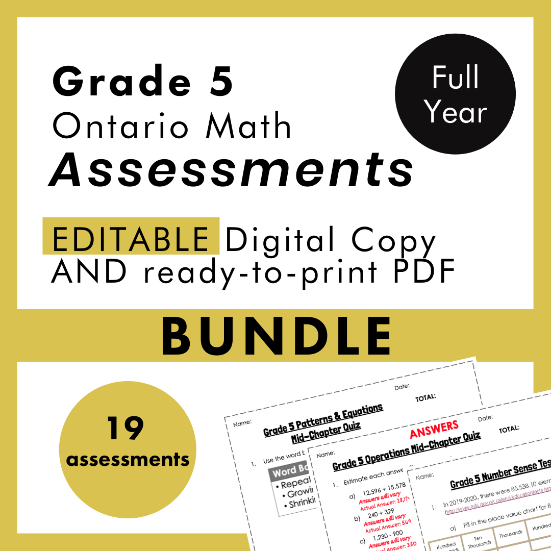 Grade 5 Ontario Math Curriculum Full Year Assessment Bundle (all expec My Call to Teach