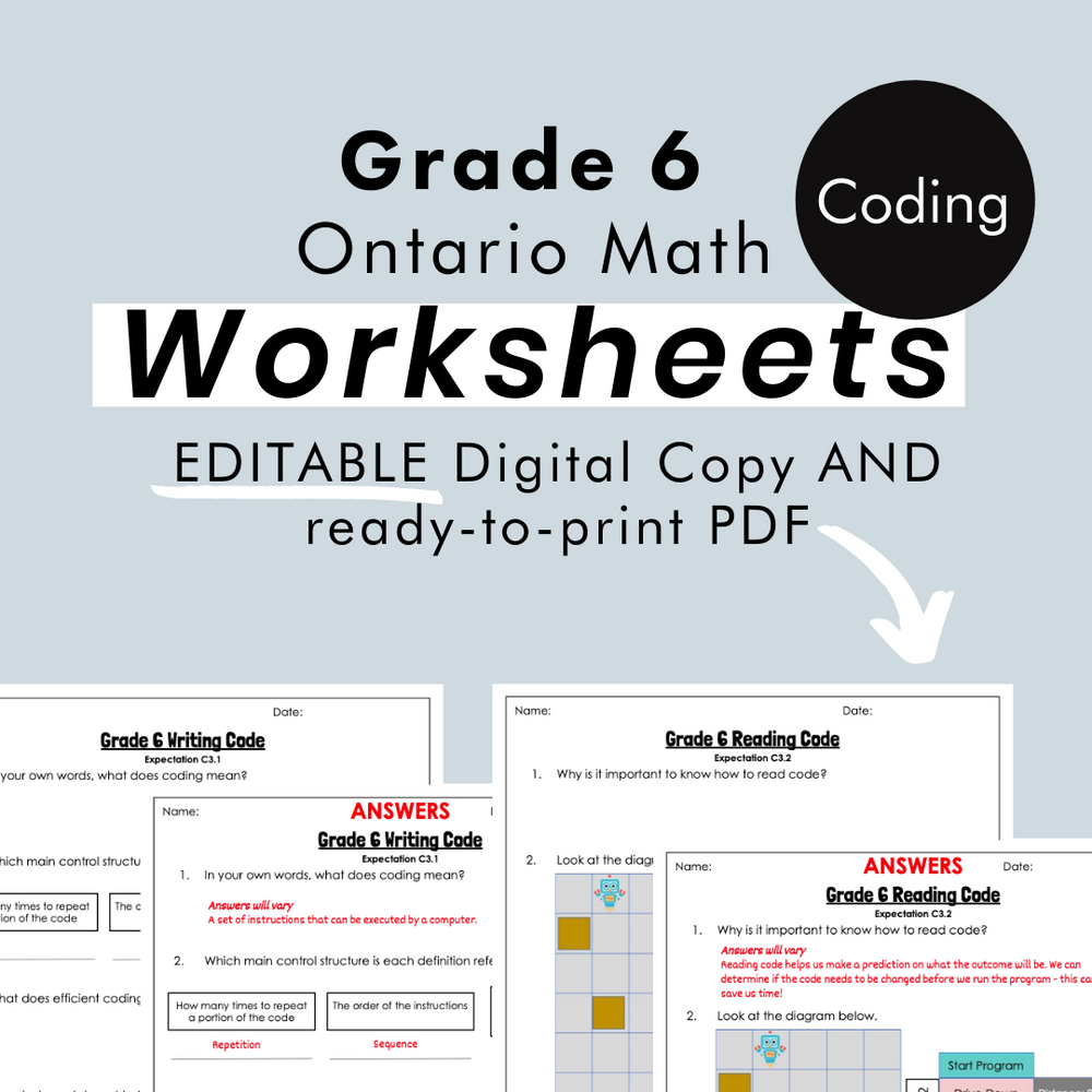 
            
                Load image into Gallery viewer, Grade 6 Ontario Math FREE Coding PDF &amp;amp; Editable Worksheets
            
        