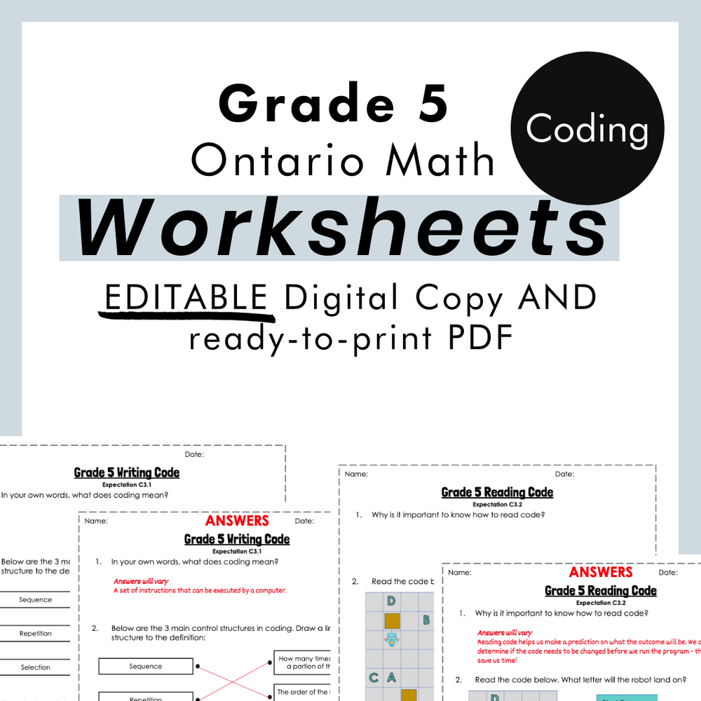 FREE Grade 5 Ontario Math  Coding PDF & Editable Worksheets