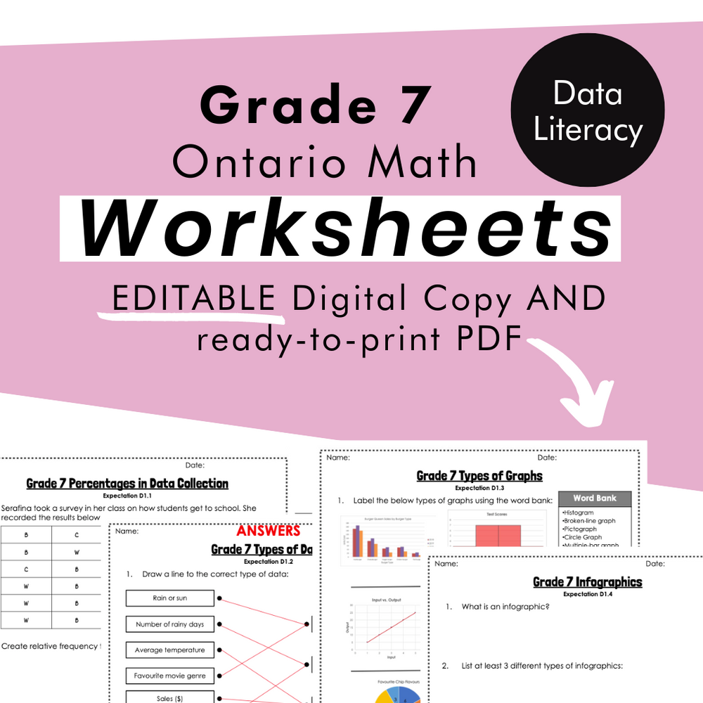 Grade 7 Ontario Math Data Literacy PDF & Editable Worksheets