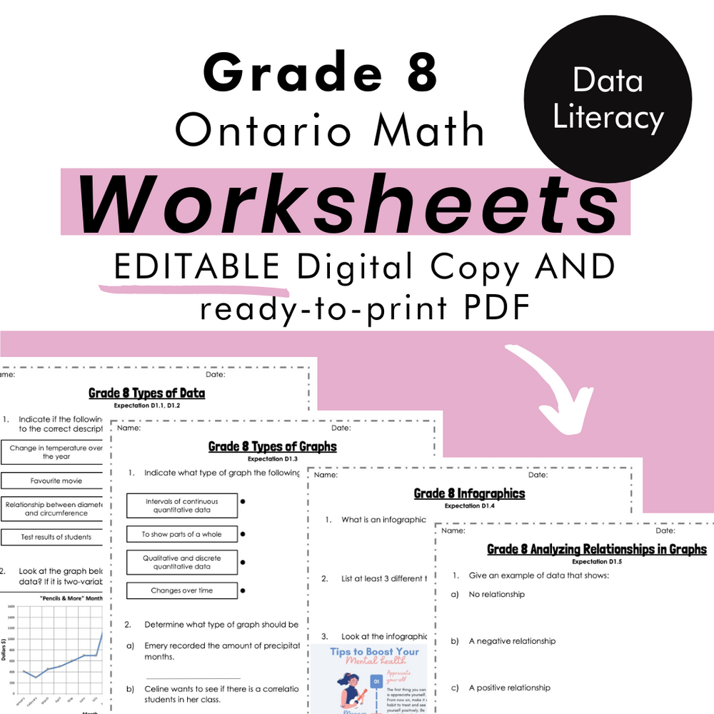
            
                Load image into Gallery viewer, Grade 8 Ontario Math Data Literacy PDF &amp;amp; Editable Worksheets
            
        
