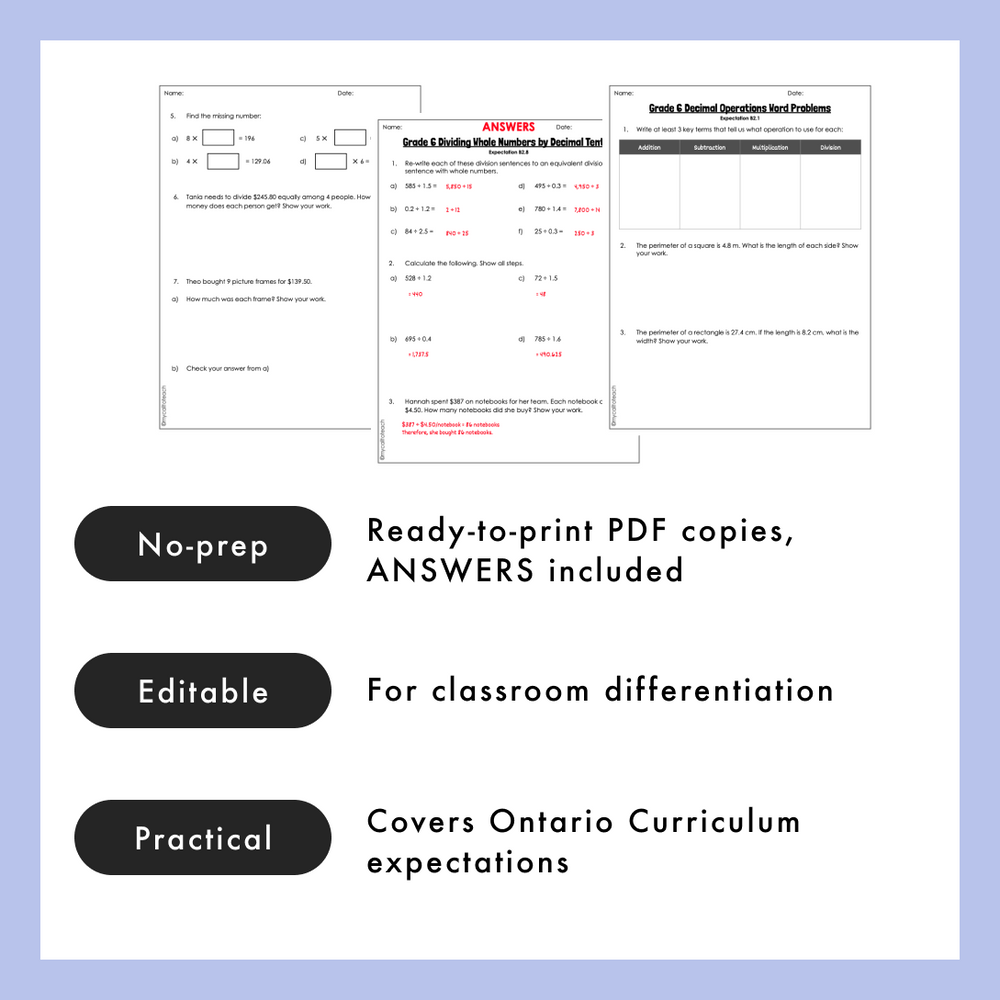 Grade 6 Ontario Math Decimal Operations PDF & Editable Worksheets