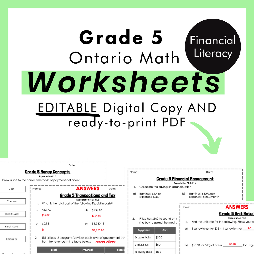 Grade 5 Ontario Math Financial Literacy PDF & Editable Worksheets