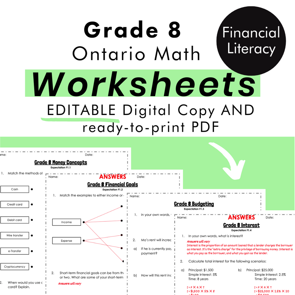Grade 8 Ontario Math Financial Literacy PDF & Editable Worksheets