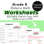 Grade 8 Ontario Math Financial Literacy PDF & Editable Worksheets