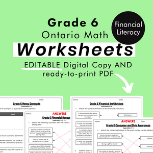 Grade 6 Ontario Math Financial Literacy PDF & Editable Worksheets