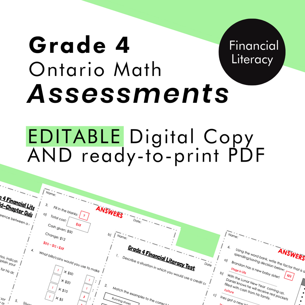 Grade 4 Ontario Math - Financial Literacy Assessments - PDF, Google Slides