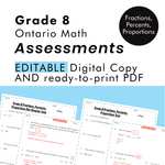 Grade 8 Ontario Math Fractions, Percents, Proportions Assessments - PDF and Google Slides