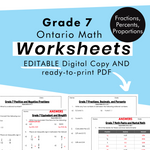 Grade 7 Ontario Math Fractions, Ratios, Percent PDF & Editable Worksheets