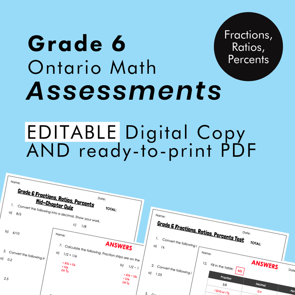 Grade 6 Ontario Math Fractions, Ratios, Percents Assessments