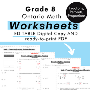 Grade 8 Ontario Math Fractions, Percents, Proportions Worksheets PDF & Google Slides