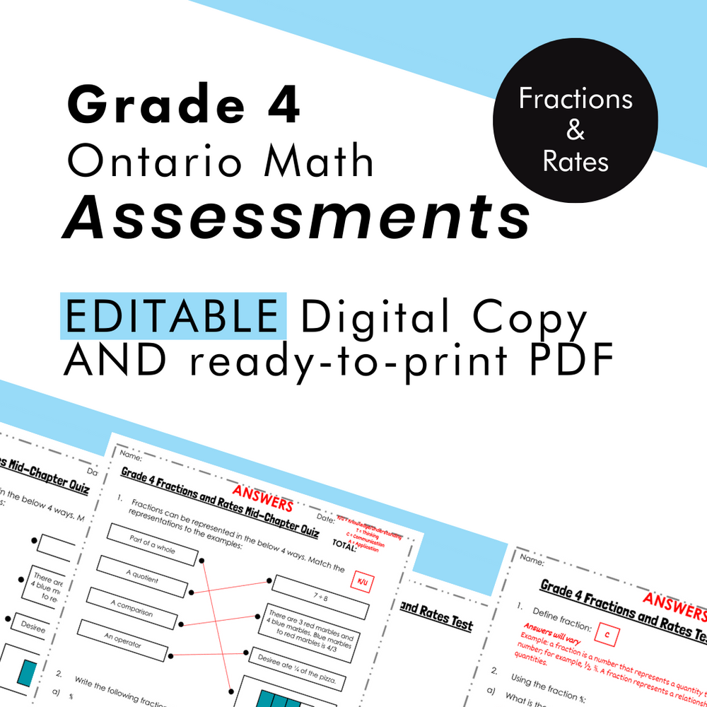 Grade 4 Ontario Math - Fractions & Rates Assessments - PDF, Google Slides