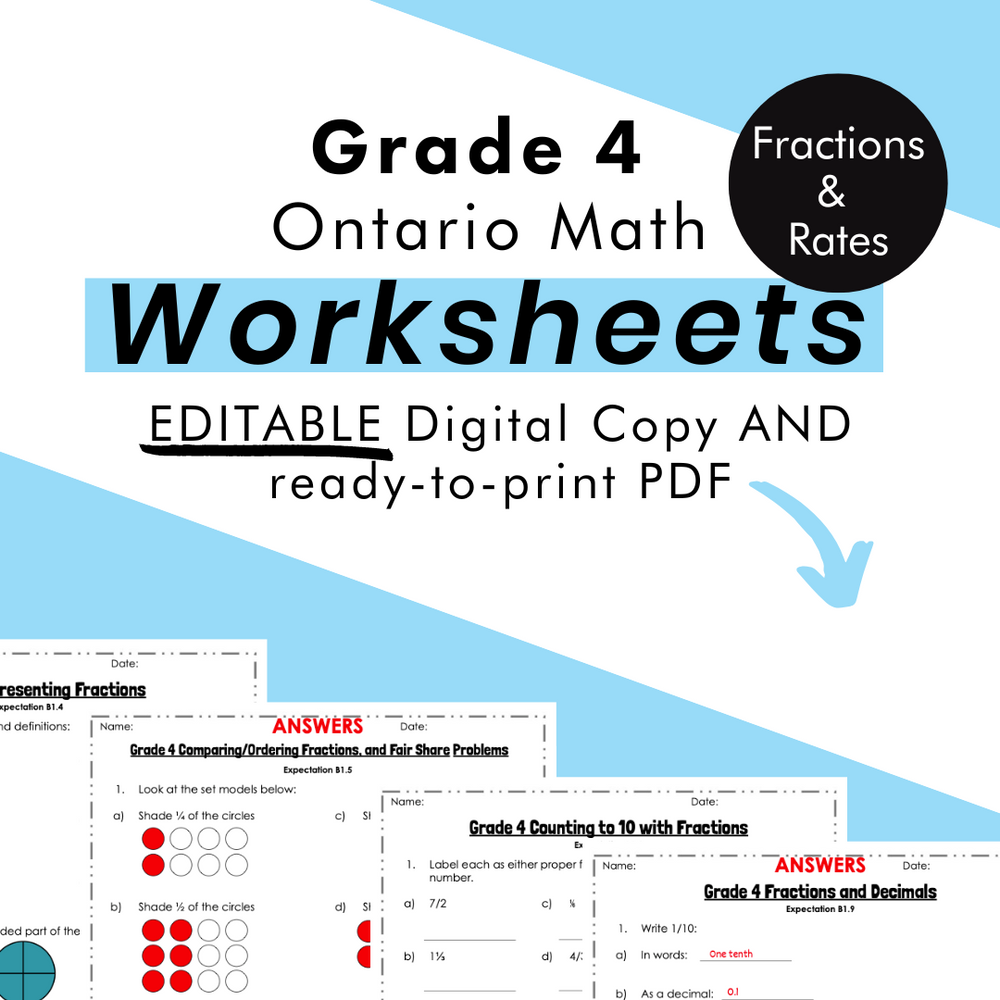 Grade 4 Ontario Math - Fractions & Rates Worksheets PDF & Google Slides