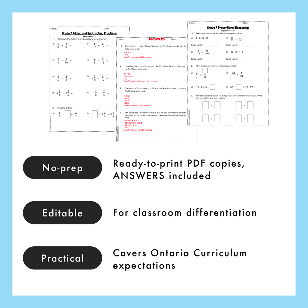 
            
                Load image into Gallery viewer, Grade 7 Ontario Math Fractions, Ratios, Percent PDF &amp;amp; Editable Worksheets
            
        