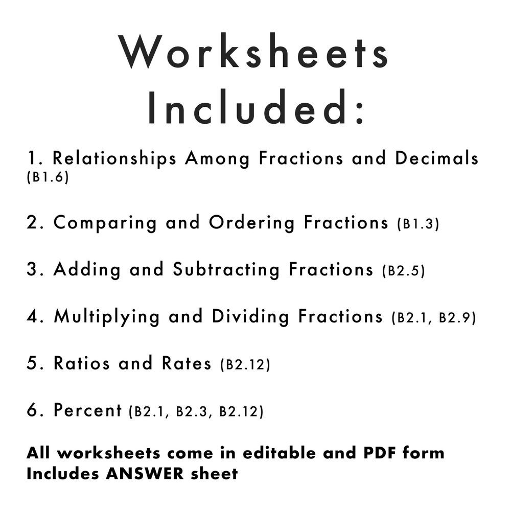 Grade 6 Ontario Math Fractions, Ratios, Percent PDF & Editable Worksheets