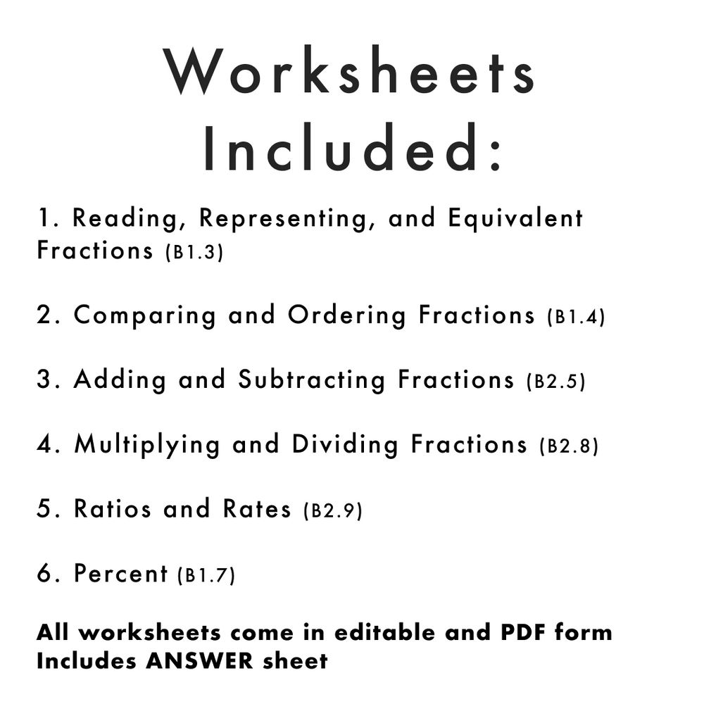 Grade 5 Ontario Math Fractions, Ratios, Percent PDF & Editable Worksheets