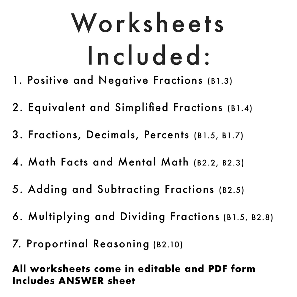 Grade 7 Ontario Math Fractions, Ratios, Percent PDF & Editable Worksheets