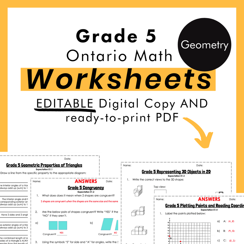 
            
                Load image into Gallery viewer, Grade 5 Ontario Math Geometry PDF &amp;amp; Editable Worksheets
            
        