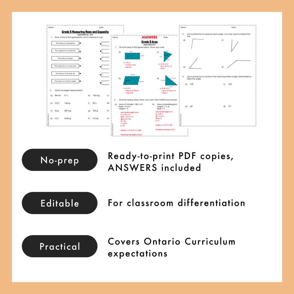 Grade 5 Ontario Math Measurement PDF & Editable Worksheets