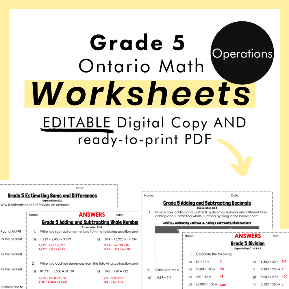 Grade 5 Ontario Math Operations PDF & Editable Worksheets