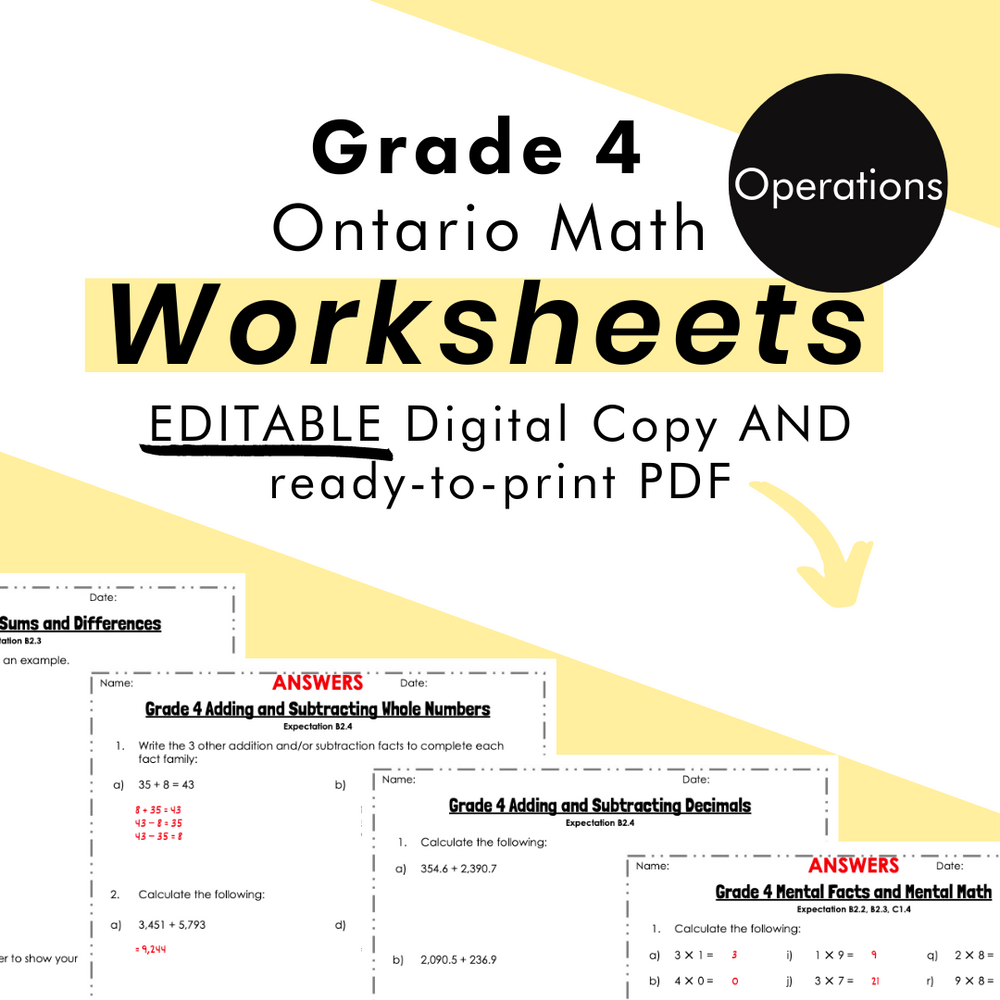 Grade 4 Ontario Math Operations PDF & Editable Worksheets