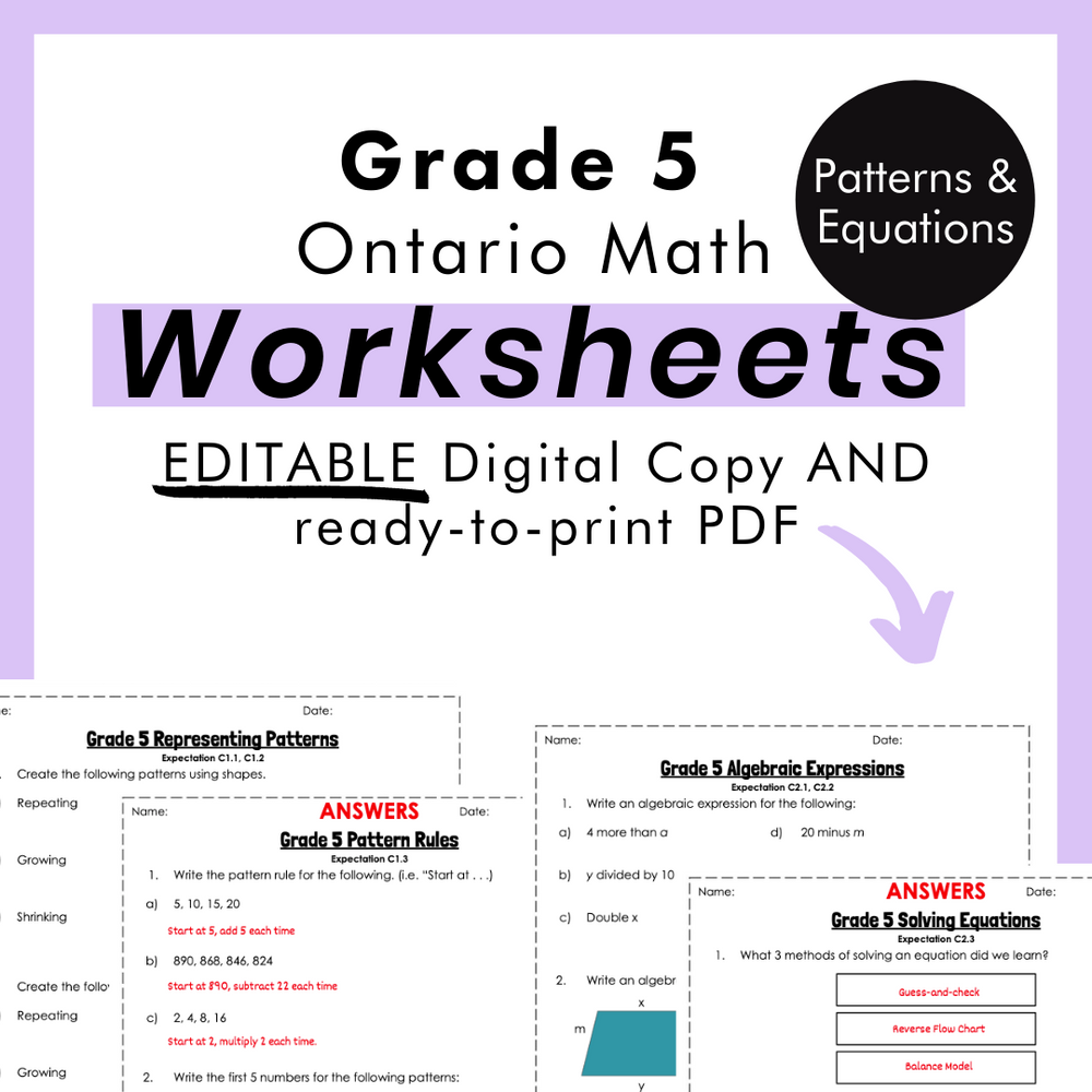 Grade 5 Ontario Math Patterns & Equations PDF & Editable Worksheets