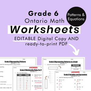 
            
                Load image into Gallery viewer, Grade 6 Ontario Math Patterns &amp;amp; Equations PDF &amp;amp; Editable Worksheets
            
        