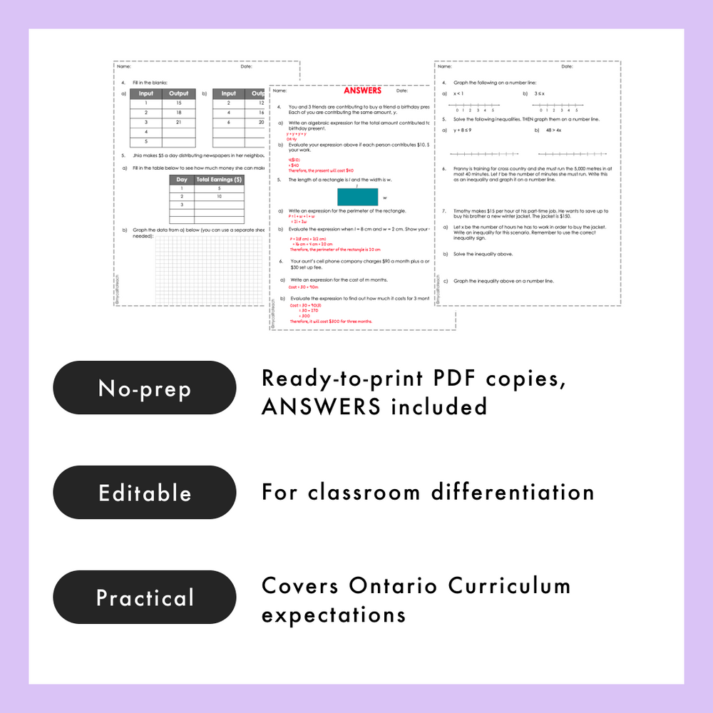 Grade 5 Ontario Math Patterns & Equations PDF & Editable Worksheets
