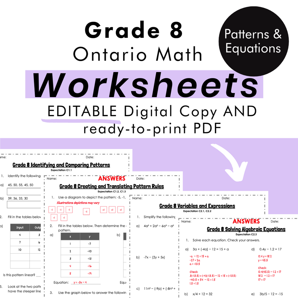 Grade 8 Ontario Math Patterns & Equations PDF & Editable Worksheets