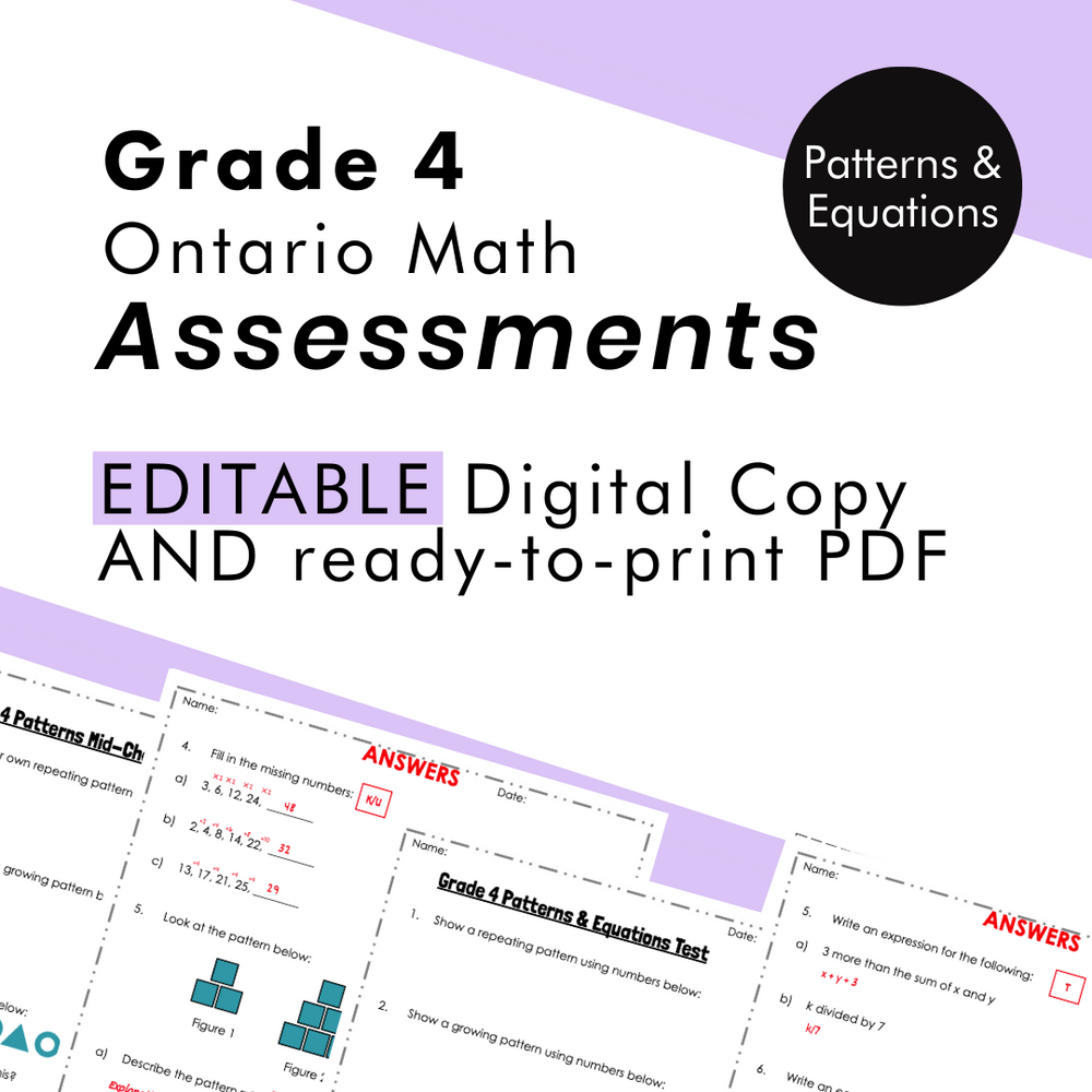 Grade 4 Ontario Math Patterns & Equations Assessments